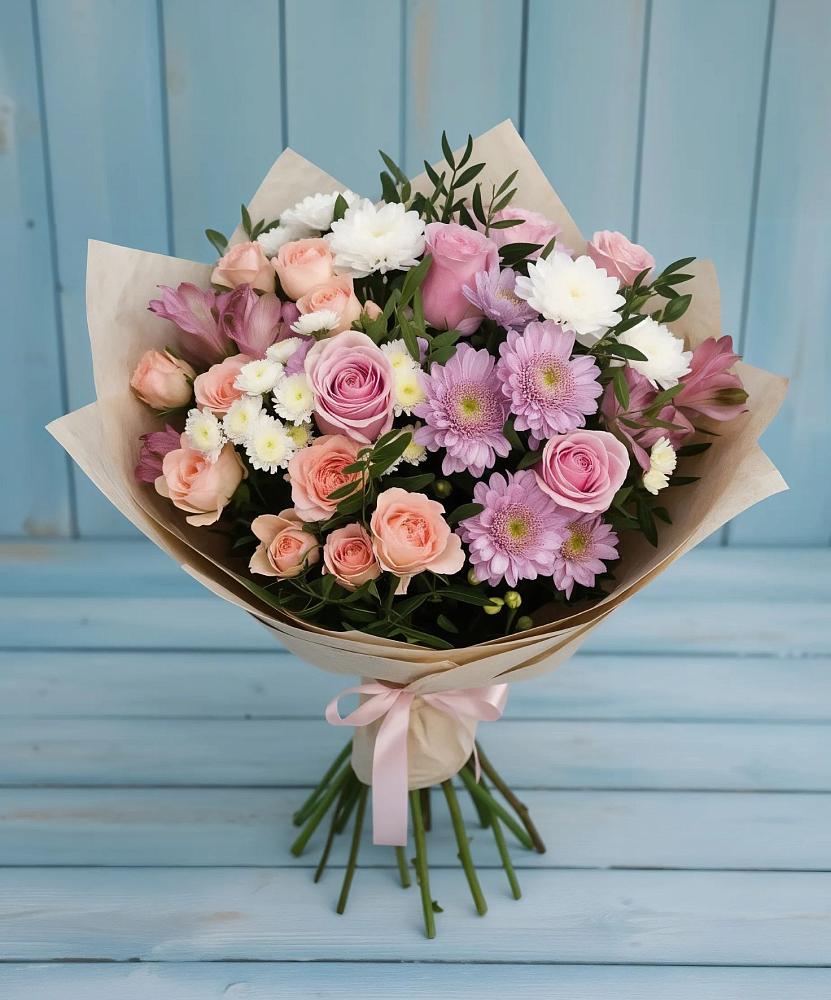 Букет цветов из: Хризантемы, Розы и Альстромерии в Протекино
