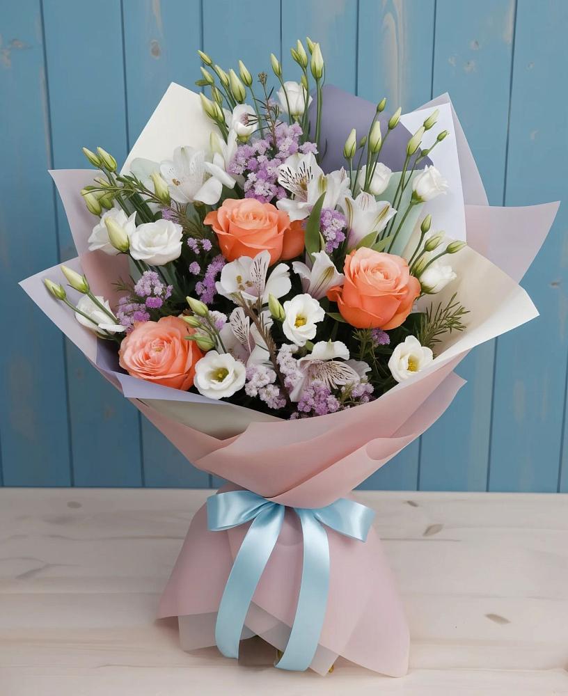 Букет цветов из: Лизиантусы, Розы, Альстромерии и Гипсофила в Протекино