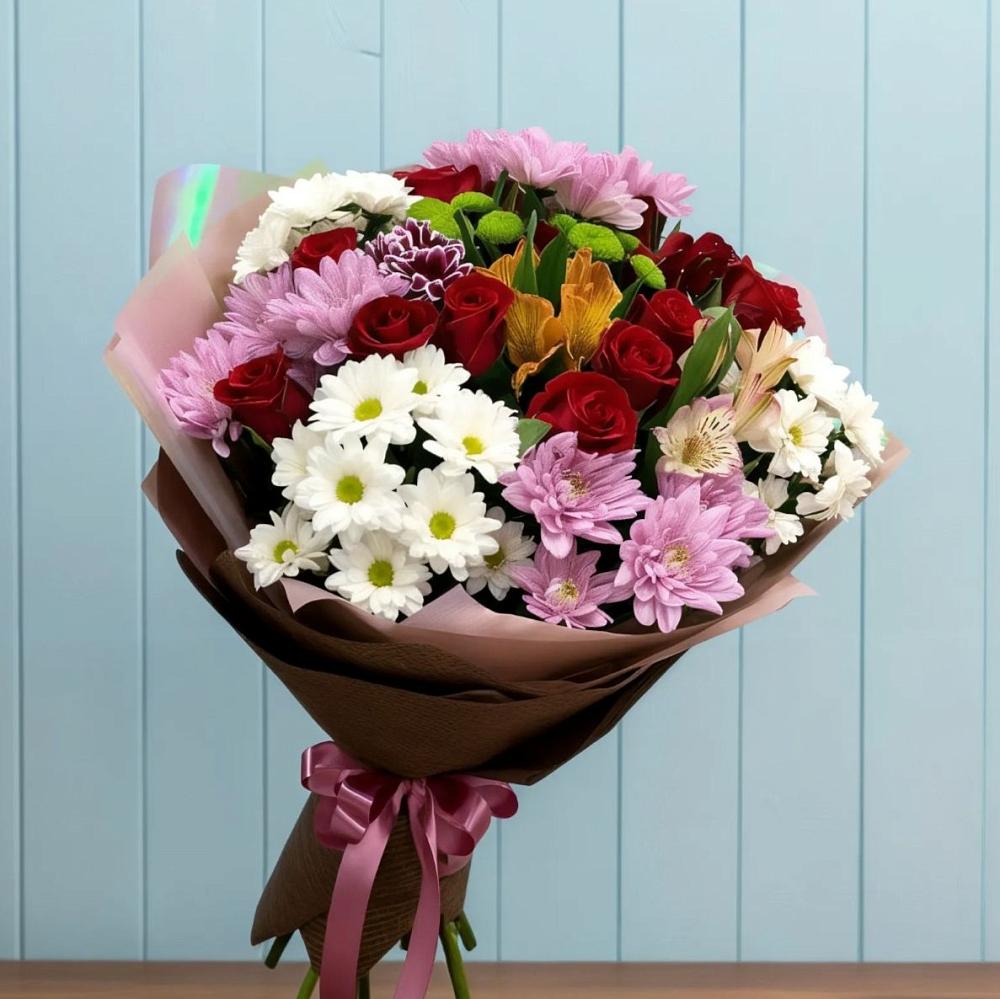 Букет цветов из: Розы, Хризантемы и Альстромерии в Протекино
