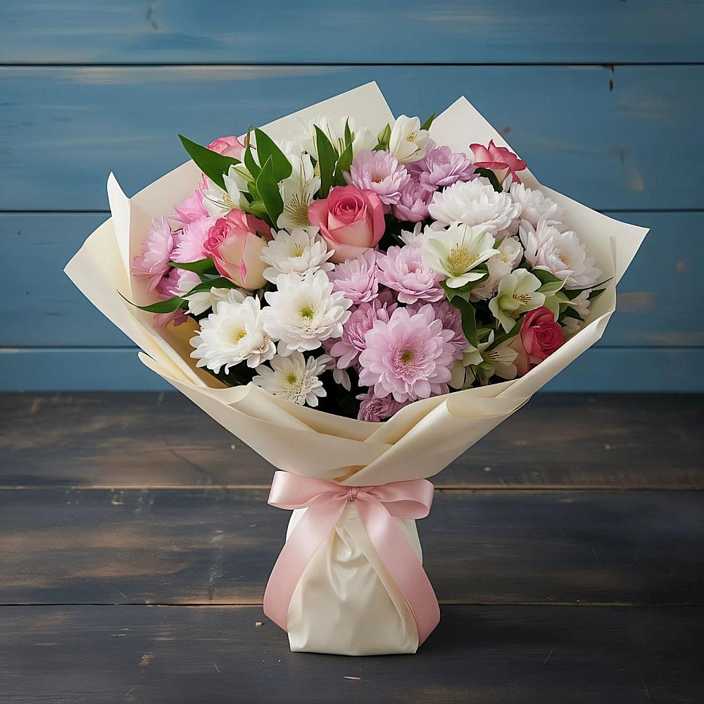 Букет цветов из: Хризантемы, Альстромерии и Розы в Протекино